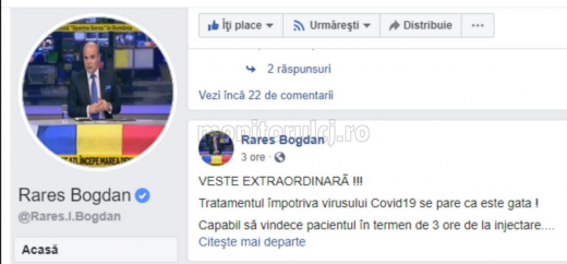 Un imens FAKE-NEWS despre tratarea coronavirusului, propagat online de politicianul clujean Rares Bogdan