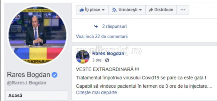 Un imens FAKE-NEWS despre tratarea coronavirusului, propagat online de politicianul clujean Rares Bogdan