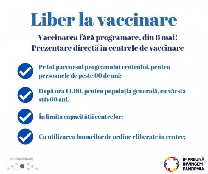 Vaccinare fără programare din 8 mai în toate centrele! Cum se va proceda