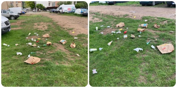 Un „picnic nocturn” s-a lăsat cu zeci de gunoaie aruncate pe o stradă din Florești. FOTO