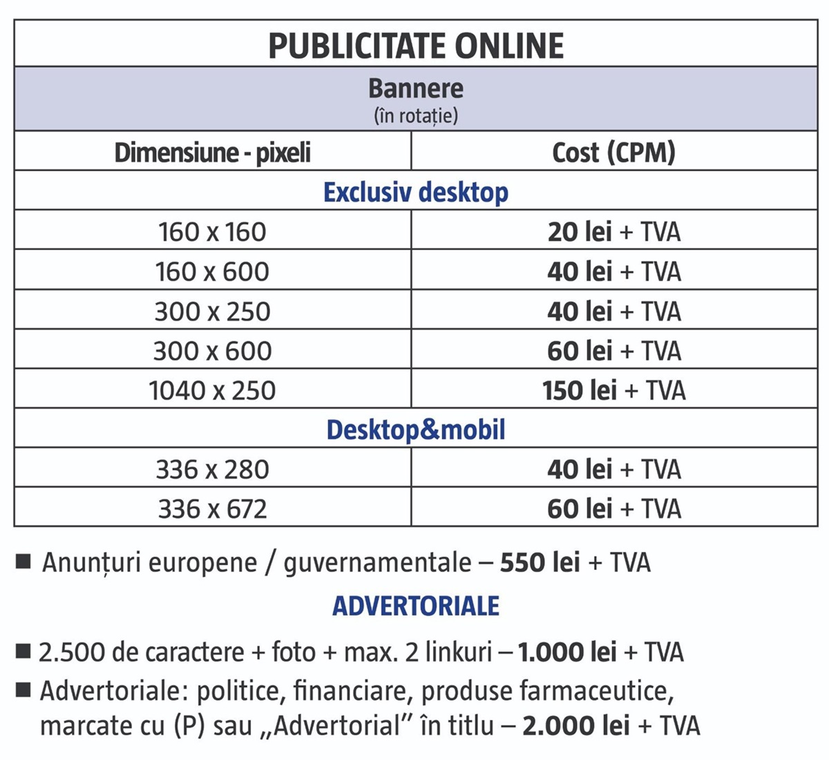 publicitate online ratecard site